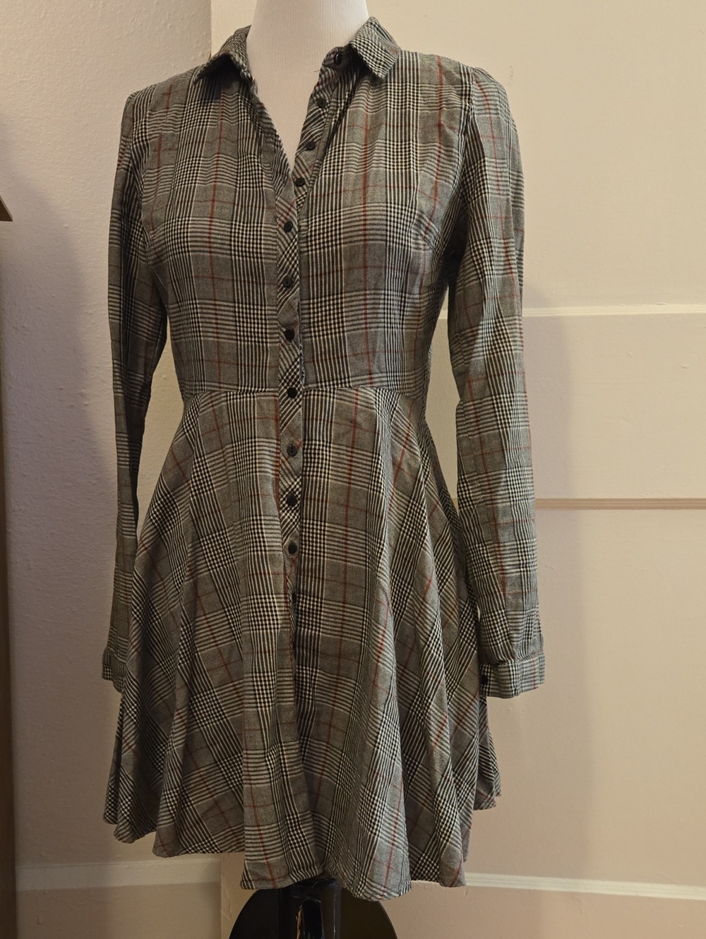 Zara Gray Plaid Long-Sleeve Button-Front Fit & Flare Dress